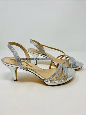 Silver Glitter Strappy Slingback Heels for Women Size 9.5
